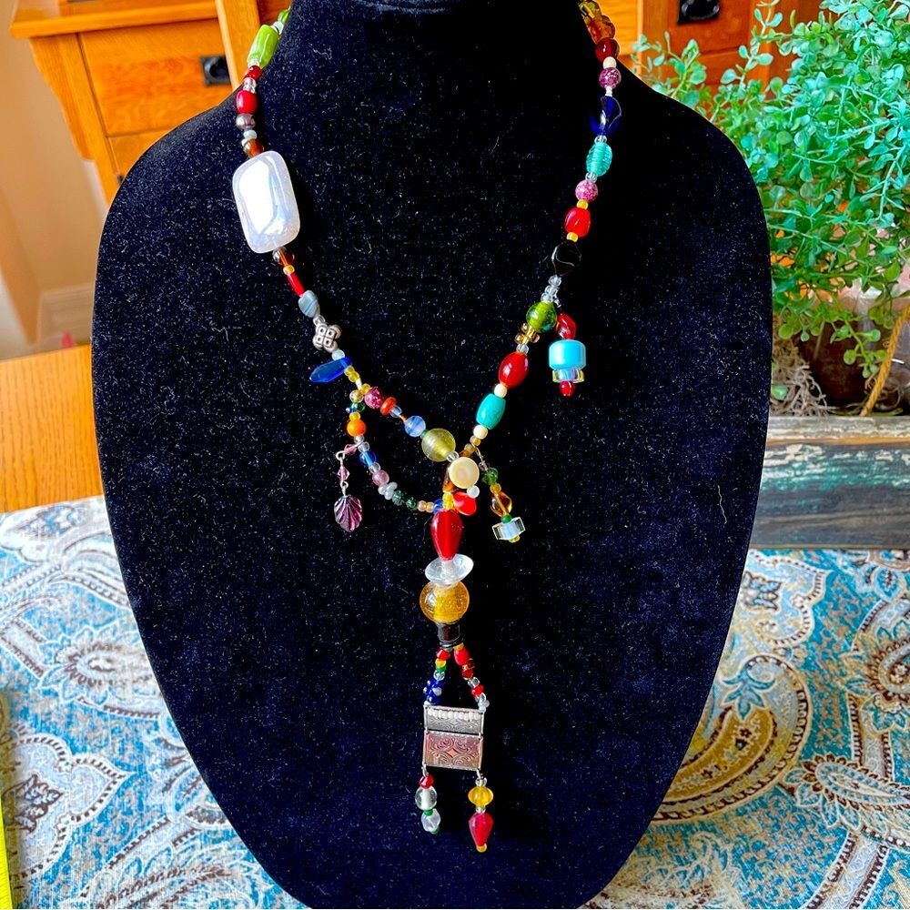 Artisan Glass Bead Lariat Necklace Mixed Media Colorful Boho Vintage Y Drop
